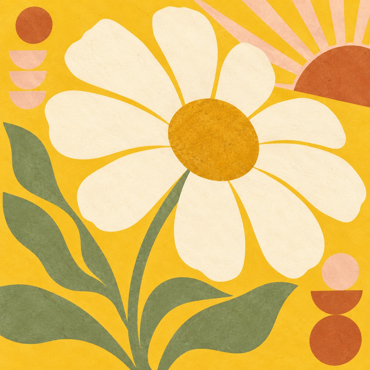 A big cream daisy and a golden sunrise in a joyful, textured patchwork of yellow, sage, and terracotta.