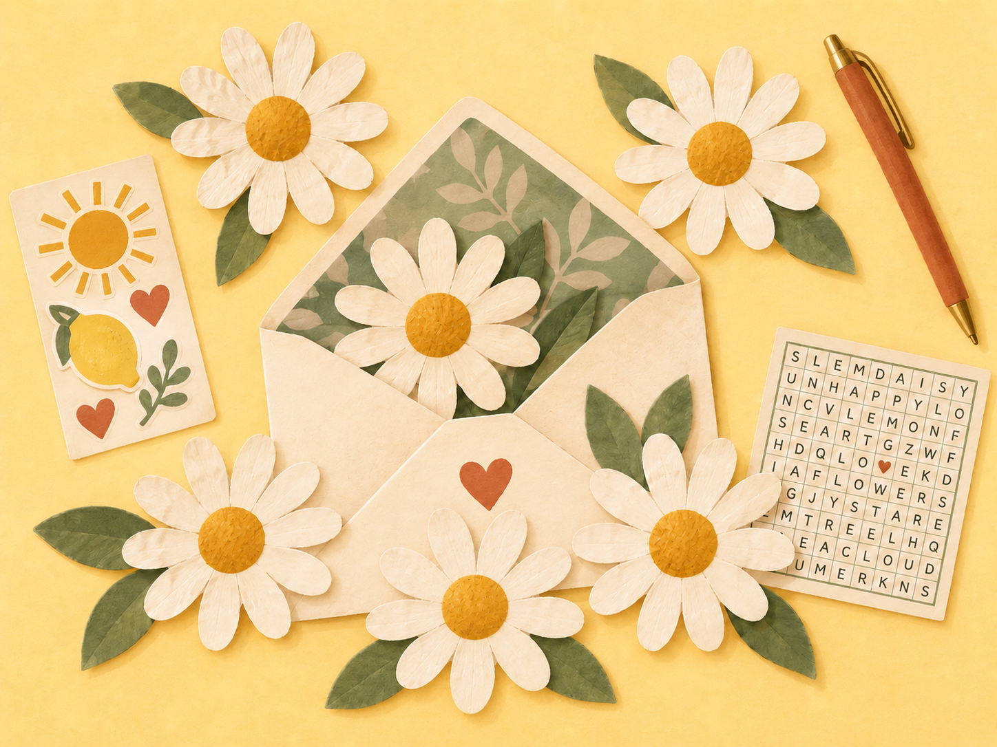 An illustrated Daisy Club envelope with six paper daisies, a few cheerful stickers, and a tiny word search.