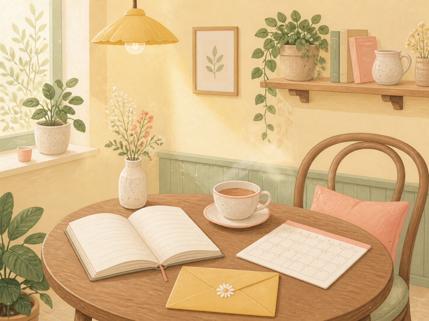 A cozy coffee shop table with a notebook, calendar, warm drink, plants, and a yellow daisy-sealed envelope
